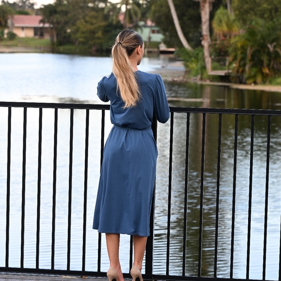 DEVORAH'S SECRET Slate Blue Modest Midi Dress 100% Cotton - Picture 3 of 3